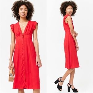 Forever 21 Contemporary Red Button Down Front Ruffle sleeve Midi-Maxi Dress Sz S